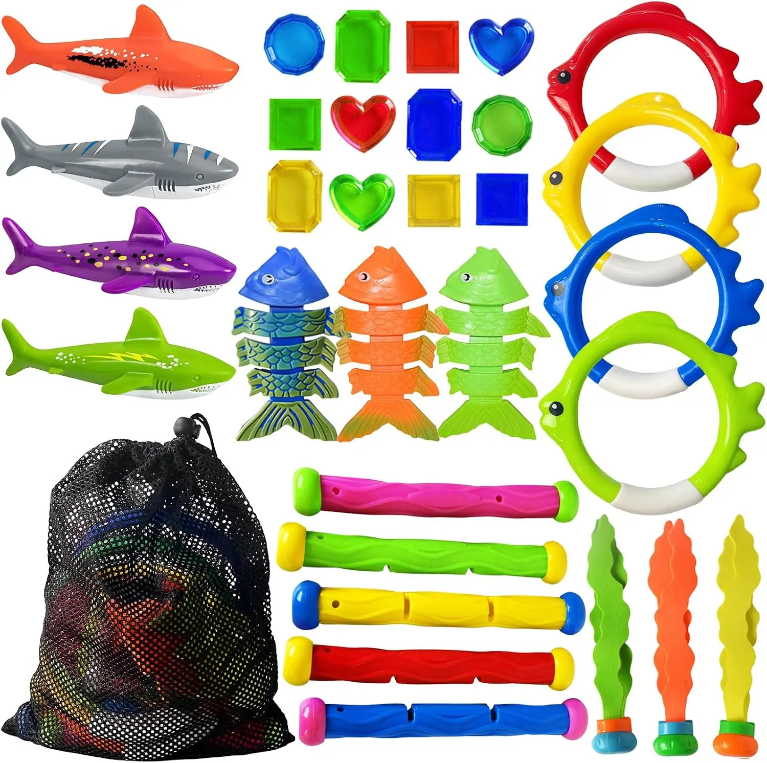 Summer Spring Gift 31 PCS Pool Diving Toys Games - Swimming Pool Toys for Kids Teens with Diving Rings Dive Sticks Underwater Treasures Torpedo Bandits Fish Toy etc Fun Water Swim Toy for Boys Girls Adults