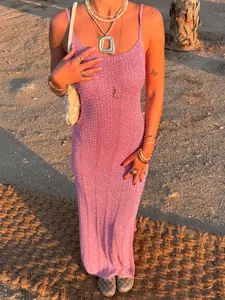 Women's Pink Gradient Sleeveless Knit Maxi Dress, Sexy U-Neck Bodycon Crochet Dress for Summer Beach, Casual Chic Fashion Women's Boho Knitwear for Daily Wear, Casual Boho Style