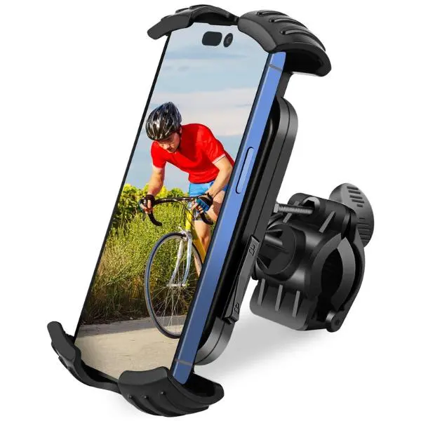Universal Bike & Motorcycle Phone Holder Mount - 360° Swivel, 4-Corner Clamp, 1-Touch Lock Secure, Shockproof Polymer Riding Handlebar Bracket for iPhone, Android, Rotating