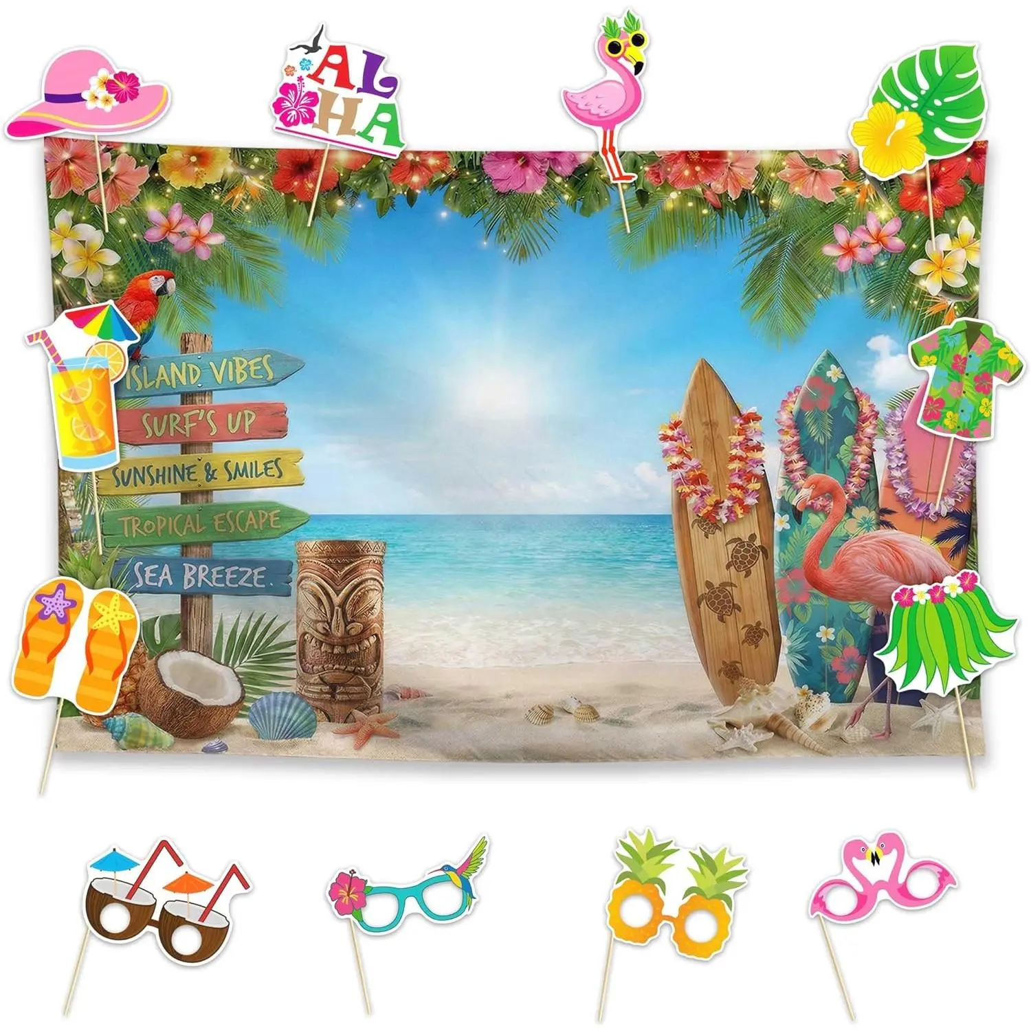 Allenjoy 13-Piece Durable Hangable Vinyl Summer Luau Aloha Birthday Decor Set - 59in Photo-Ready Backdrop, 2 Headbands, 8 Photo Booth Props, Banners, Supplies & Favors for Kids' Indoor Home/Festive Use, 59 Inches