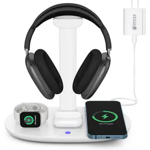 Headphone Stand with 15w  Charger,  4 in 1  Station Headset Holder for AirPods Max/Pro/4/3/2 iWatch 10/9/8/7/6/5/4/3/2/1/SE  16/15/14/13/12/11/X for Desktop Table