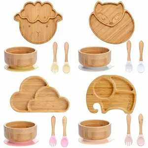 Mo-Stache' Kitchen4pcs Children's Tableware Suction Plate Bowl Baby Dishes Baby Feeding Dishes Spoon Fork Sets Bamboo Plate for Kids Tableware