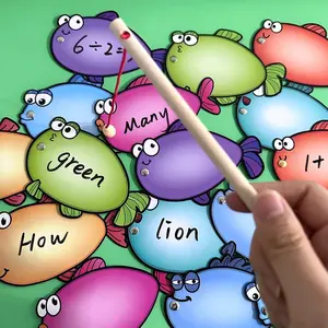 Interactive Fishing Toy, Fishing Game, Dual-Sided Erasable 16 Fish Cards Set, Visual Vocabulary Game, Fishing Rod Aim Word Game