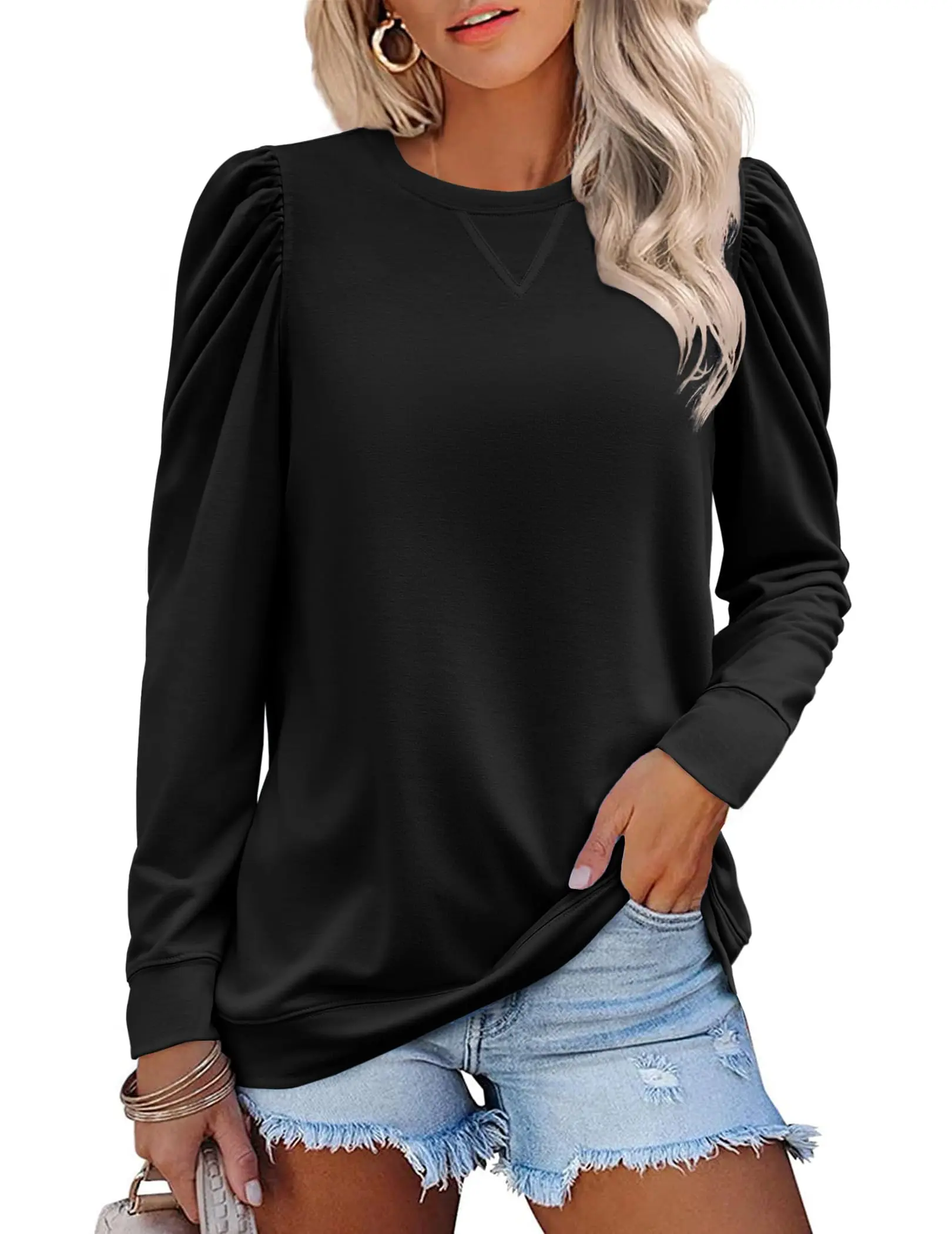 ZEAGOO Women's Sweatshirt, Casual Puff Sleeve Tunic Top with Round Neck, Lightweight Garment in Soft Polyester Fabric, Hoodie Alternative