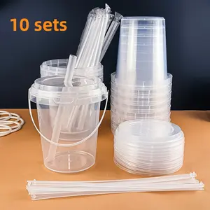 10pcs 33.81oz Large Plastic Cups with Lid and Straw Beverage  Fruit t Ice  Portable Bucket Packaged Beverage Cups Can Be Reused Summer Cold Drink Cups Disposable Lightweight