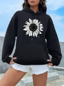 Women's Sunflower Print Drop Shoulder Hoodie, Fashion Casual Drawstring Pocket Sweatshirt for Daily Holiday Outdoor Wear, Ladies Clothes for Summer