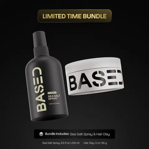 BASED Texture & Hold Duo: Sea Salt Spray & Hair Clay Bundle - Science-Backed Volumizing Spray with Kelp & B5 + Strong Hold Texturizing Clay with Santal Sandalwood, Low Shine, Paraben Free