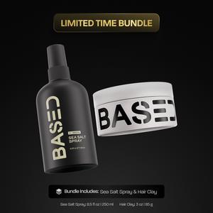 BASED Texture & Hold Duo: Sea Salt Spray & Hair Clay Bundle - Non-Toxic Volumizing Spray with Kelp & B5 + Strong Hold Texturizing Clay with Santal Sandalwood, Low Shine, Paraben Free
