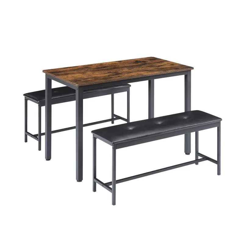 Bellemave Sturdy Set Dining Room Furniture - 43.3inL x23.6inW x29.9inH Rustic Brown Steel Frame Table with 2 PU Leather Upholstered Benches, Adjustable, Allen Key Quick Setup Space-Saver for Kitchen, Coffee Bar