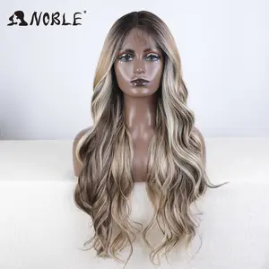 Noble Synthetic Lace Front Wig With Baby Hair Body Wavy Wigs For Women 28 Inch Ombre Brown Higlight Lace Wig