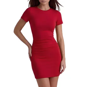 OYV Women's Short Sleeve Ruched Casual Sundress Mini Bodycon T Shirt Dress