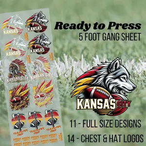 Kansas City Football 3 Pre-made 5 Foot (22x60) DTF Gang Sheet