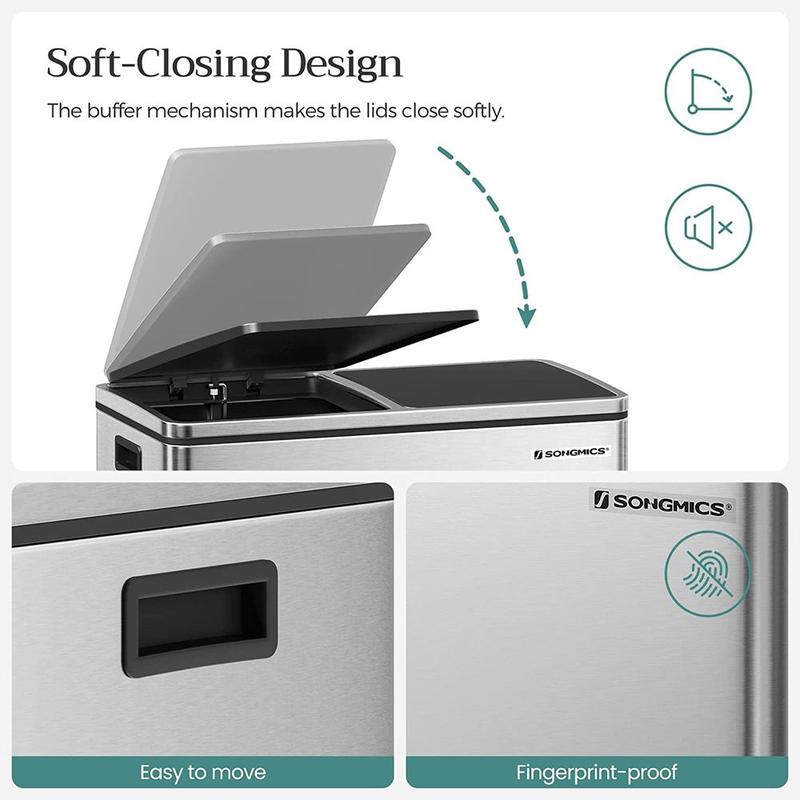 SONGMICS Stainless Steel Trash Can Garage Can Multi-Compartment Plastic Inner Buckets and Hinged Lids Soft Closure Kitchen