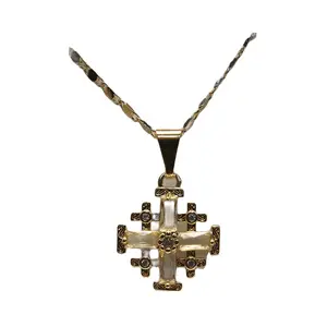 Gold Plated Jerusalem Cross Pendant clear Garnet Crystallized 20"Necklace