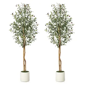 5FT/6FT/7FT Artificial Olive Tree, Potted in White Planter with Natural Wood Trunks & Green Moss, Realistic Faux Tree for Home Office Decor (1PC & 2PCS)
