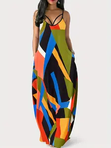 Women's Colorblock Geometric Print Backless Spaghetti Strap Cami Dress, Elegant Sleeveless Long Dress for Party Holiday Vacation, Ladies Summer Clothes