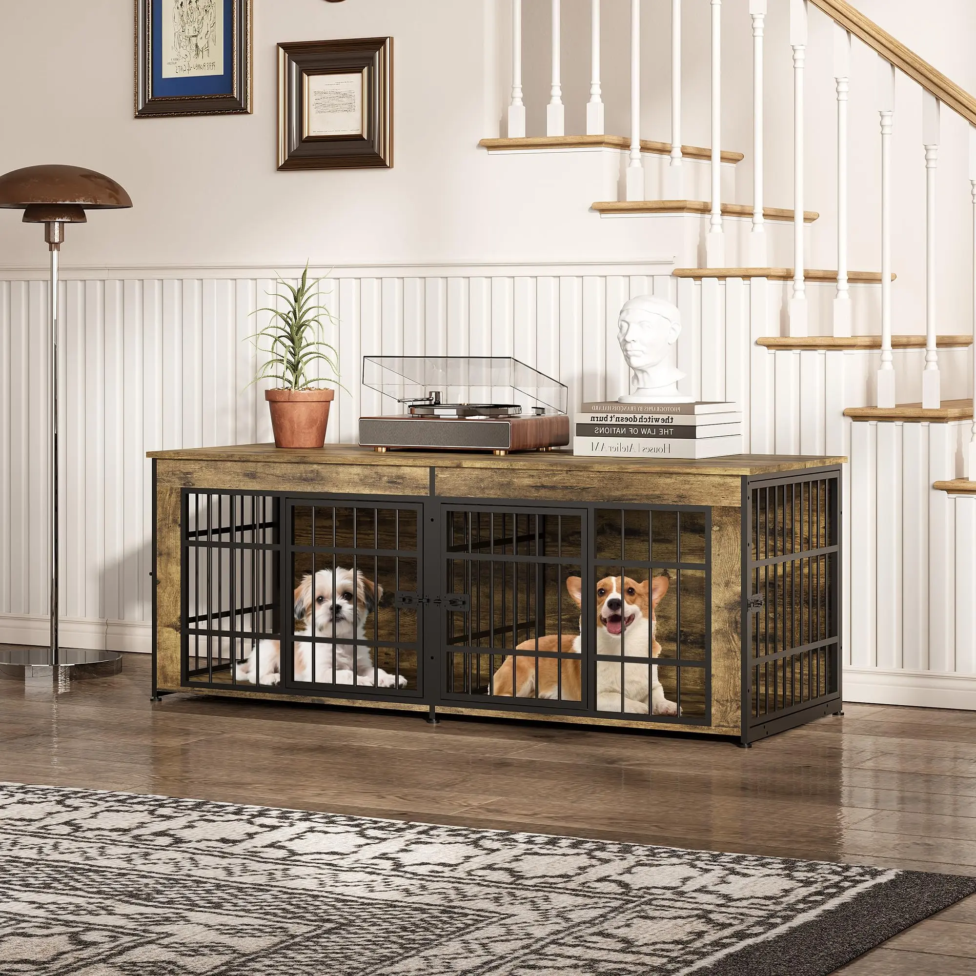 Wooden Dog House Furniture Crate - Indoor Heavy Duty Kennel TV Stand for Medium, or Large Dogs - With Divider, Spacious Top, End Table Design