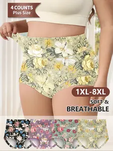 Plus Size Floral Print Brief, Soft Comfy Breathable High Waist Knicker for Daily Wear, Women's Underwear for All Seasons, High Waist Panties