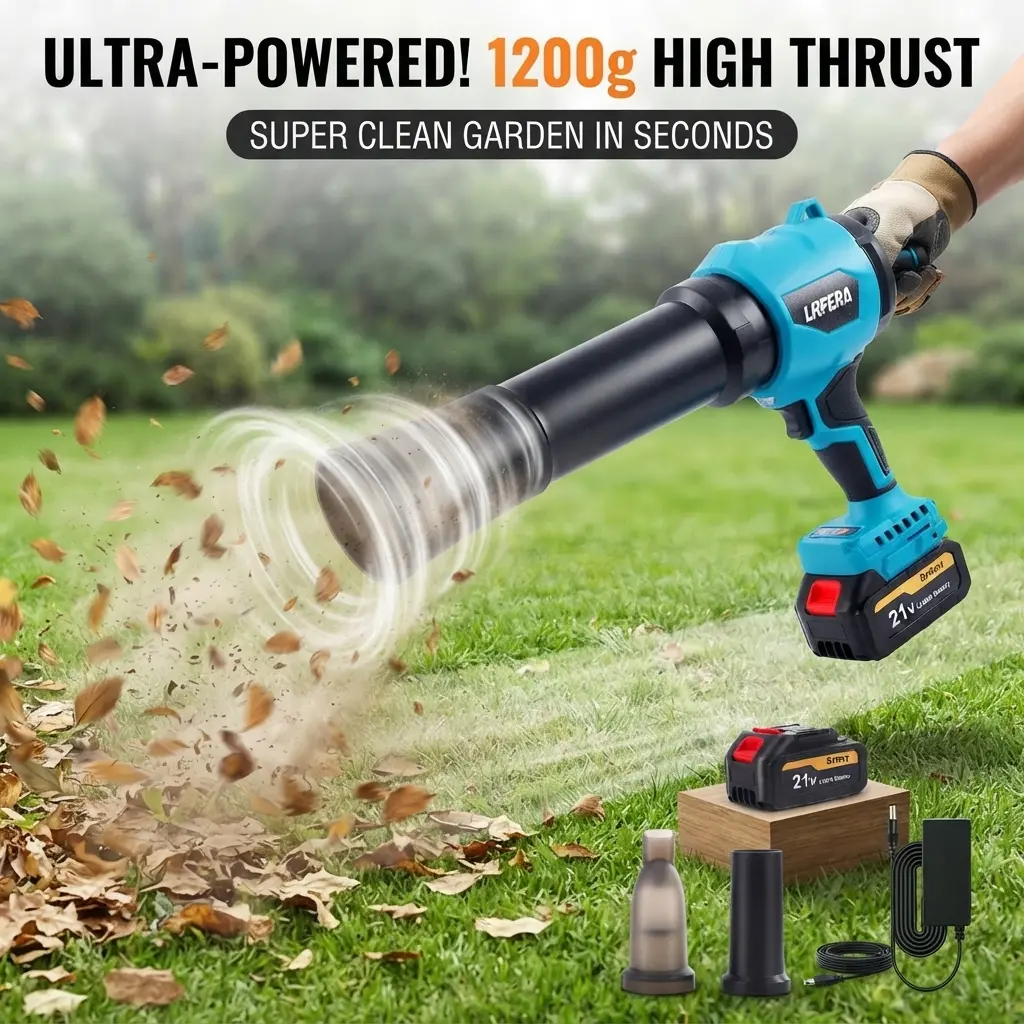 LAFERA Ultra-Powered 1200g High Thrust Blue Leaf Blower for Super Clean Garden in Seconds with 21V Battery and Accessories