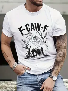 Men'S Gothic Raven & Skull Graphic T-Shirt - Black Crow Skeleton Design with F-CAW-F Text - Breathable Moisture-Wicking Fabric - Regular Fit Casual Short Sleeve Tee for Spring & Summer, Everyday Comfort, Edgy Streetwear