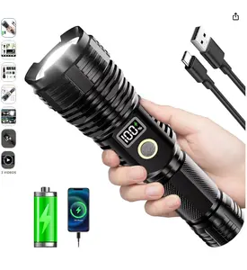 Rechargeable High-Lumen LED Flashlight, 100000LM Super Bright Zoomable Torch with LCD Digital Display, 5 Modes, IP67 Waterproof, Portable Multi-Function Emergency Flashlight Torches for Camping, Ip67 Waterproof Torches