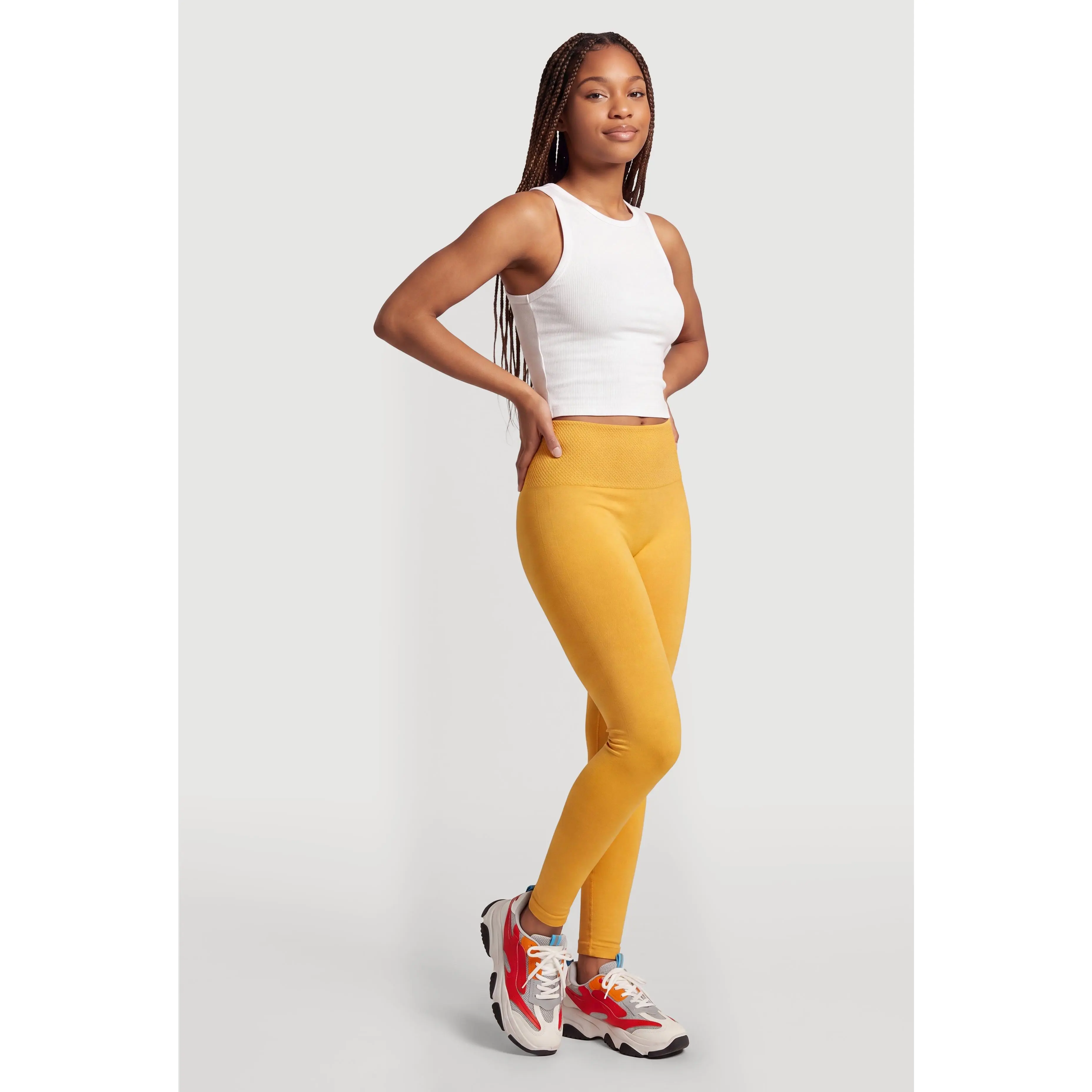 Waffle Knit Waistband Fleece Leggings