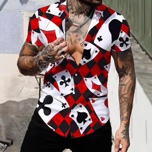 Men's Short Sleeve Shirt Elastic Poker Print Casual Shirt Hawaiian Men's Shirt Menswear Top Collared Wetsuit Shortsleeve