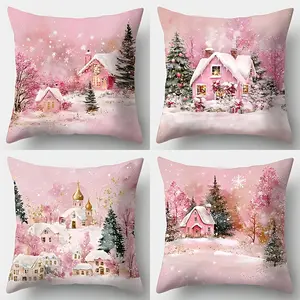 4pcs Modern Christmas Cottage Throw Pillow Covers, Pink and Golden Snow Scene, Decorative Cushion Cases for Living Room Sofa, Single-sided printing, no pillow core, Home Textile