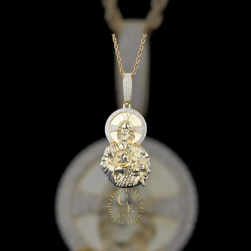Men's Iced Out Saint Jude Necklace, Gold-Plated Hip Hop Pendant with Cubic Zirconia on a 22-Inch Miami Cuban Chain, Male, Gold Plated Necklaces