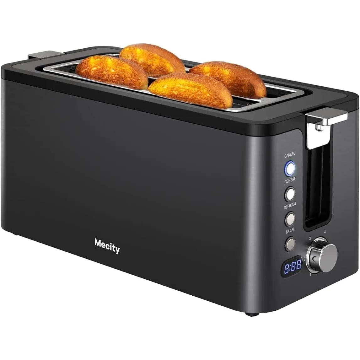 Stainless Steel 4-Slice Long Extra Wide Slot Toaster for Families, 1300w, Digital Timer Control, 6 Browning Settings, Detachable Warming Rack, Removable Crumb Tray, Home Kitchen Appliance