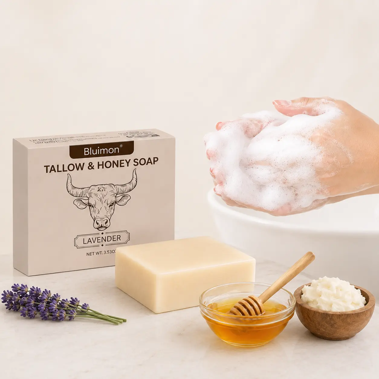 Bluimon Beef Tallow & Honey Body Care Cleanser Soap Bar - Lavender Aroma, Rich Lather, Creamy Formula for Hands & Daily Shower Bath Use