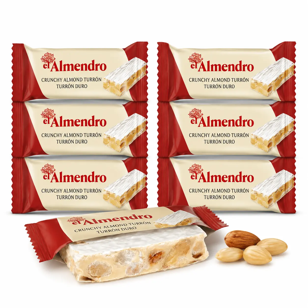 Crunchy Almond Turron Nougats From Spain, Traditional Spanish Candy Individually Wrapped, 6 Turron Blando Bars By El Almendro, Dessert, Gluten Free, Stocking stuffer