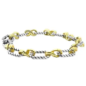 RYQEN DuoWeave Twist Yin yang Metal Statement Cuff Bracelet Silver & Gold Twisted Chain with Gold Flower Links Handmade Solid Copper Jewelry for Women Christmas Gift