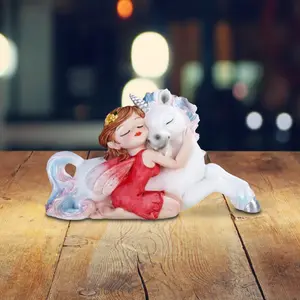 6.25"W Red Fairy with Cute Unicorn Statue Fantasy Decoration Figurine