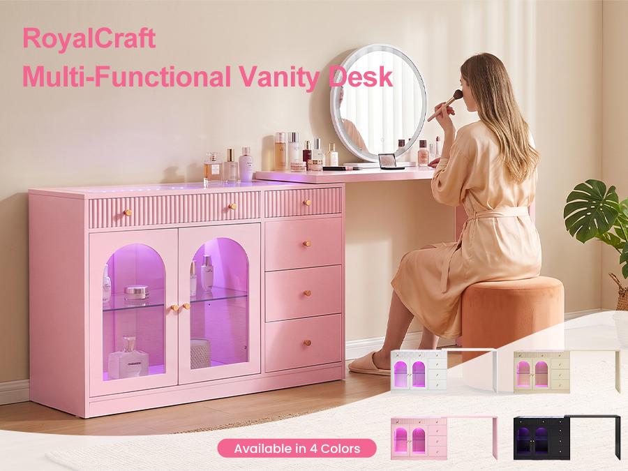 RoyalCraft 59''/75'' Makeup Vanity Desk with Lights, Rotatable & Extendable Dressing Table with Tempered Glass Top, L-shpaed Corner Vanity Table with Drawers and Doors, Perfect for Bedroom, Dressing Room, Pink/Black/White/Beige RoyalCraft 59''/75'' Makeup Vanity Desk with Lights, Rotatable & Extendable Dressing Table with Tempered Glass Top, L-shpaed Corner Vanity Table with Drawers and Doors, Perfect for Bedroom, Dressing Room, Pink/Black/White/Beige