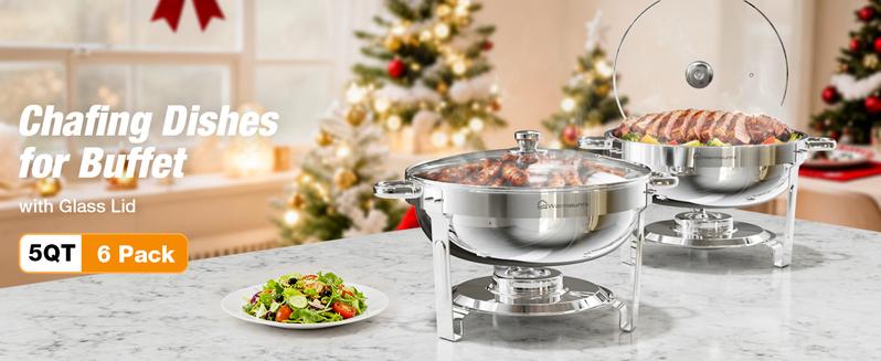 WARMOUNTS Round 5QT Chafing Dishes for Buffet with Glass Lid (2/4/6-Pack) | Chafers and Buffet Warmers for New Year‘s Party & Winter Gathering | Wedding & Catering WARMOUNTS Round 5QT Chafing Dishes for Buffet with Glass Lid (2/4/6-Pack) | Chafers and Buffet Warmers for New Year‘s Party & Winter Gathering | Wedding & Catering