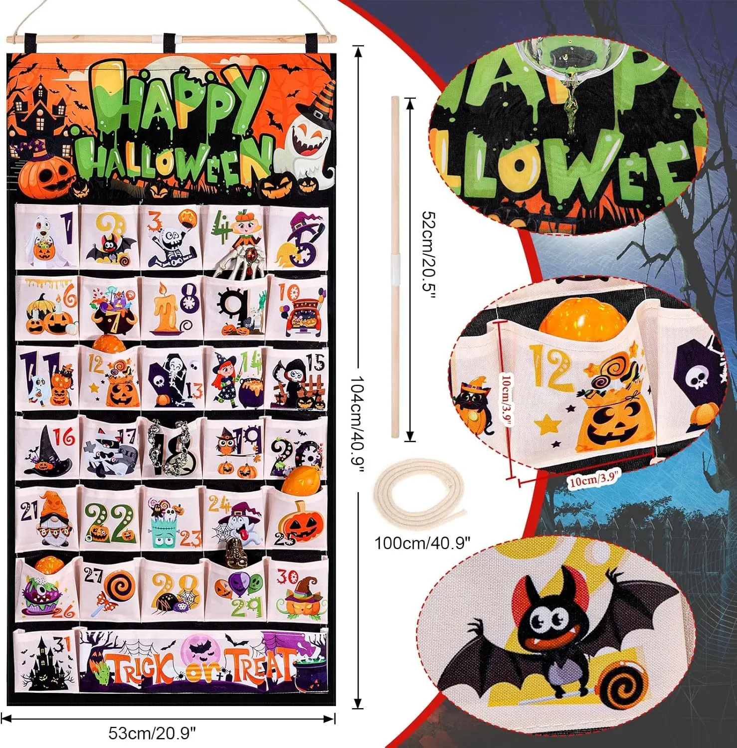 Fabric Halloween Advent Calendar (Countdown to Halloween), 31 Days Mystery Happy Halloween Countdown Calendar with 31 Pockets for Halloween Party Holiday Home Wall Decoration