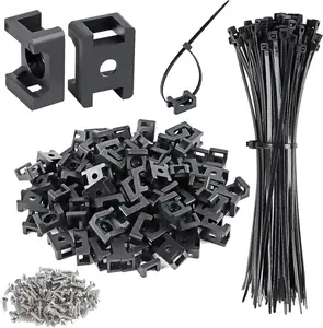 100 Pcs Cable Zip Tie Saddle Type Mounts Base with 100 Pcs 8" Cable Ties and 100 Pcs Tapping Screw, Wire Cable Clips Organizer Holders Clamps (Black/White)