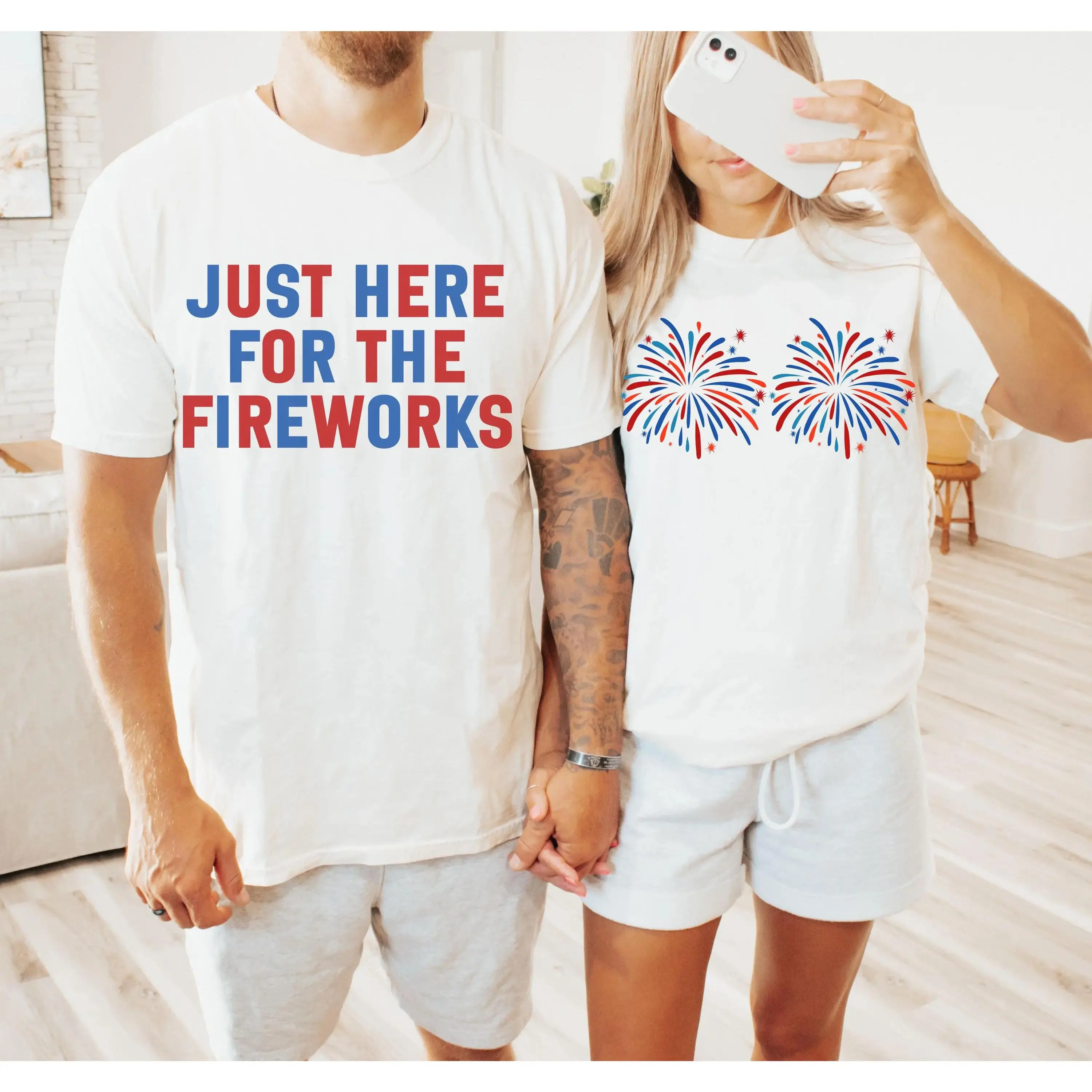 Lady's Cotton Graphic T-Shirt - Women's Casual Short-Sleeve Round Neck, Funny Humor 4th of July Independence Day Fireworks Matching Couple Tees