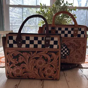 Checkered Handbag with Floral Design and Spade Motif, Brown Leather, Zip Closure, and Brown Handles