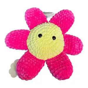 Flower Plushie - Crochet Flower Plush with Bright Pink Petals and Yellow Center for Adorable Decor