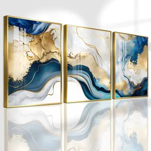 3 Count Aluminum Alloy Frame Canvas, Abstract Blue And Gold Fluid Art Fashion Poster, Wall Decoration, Modern Art, Suitable For Living Room, Bedroom, Kitchen, Home Office, Cafe, Bar, Dormitory, Corridor, Family Decor, Gift