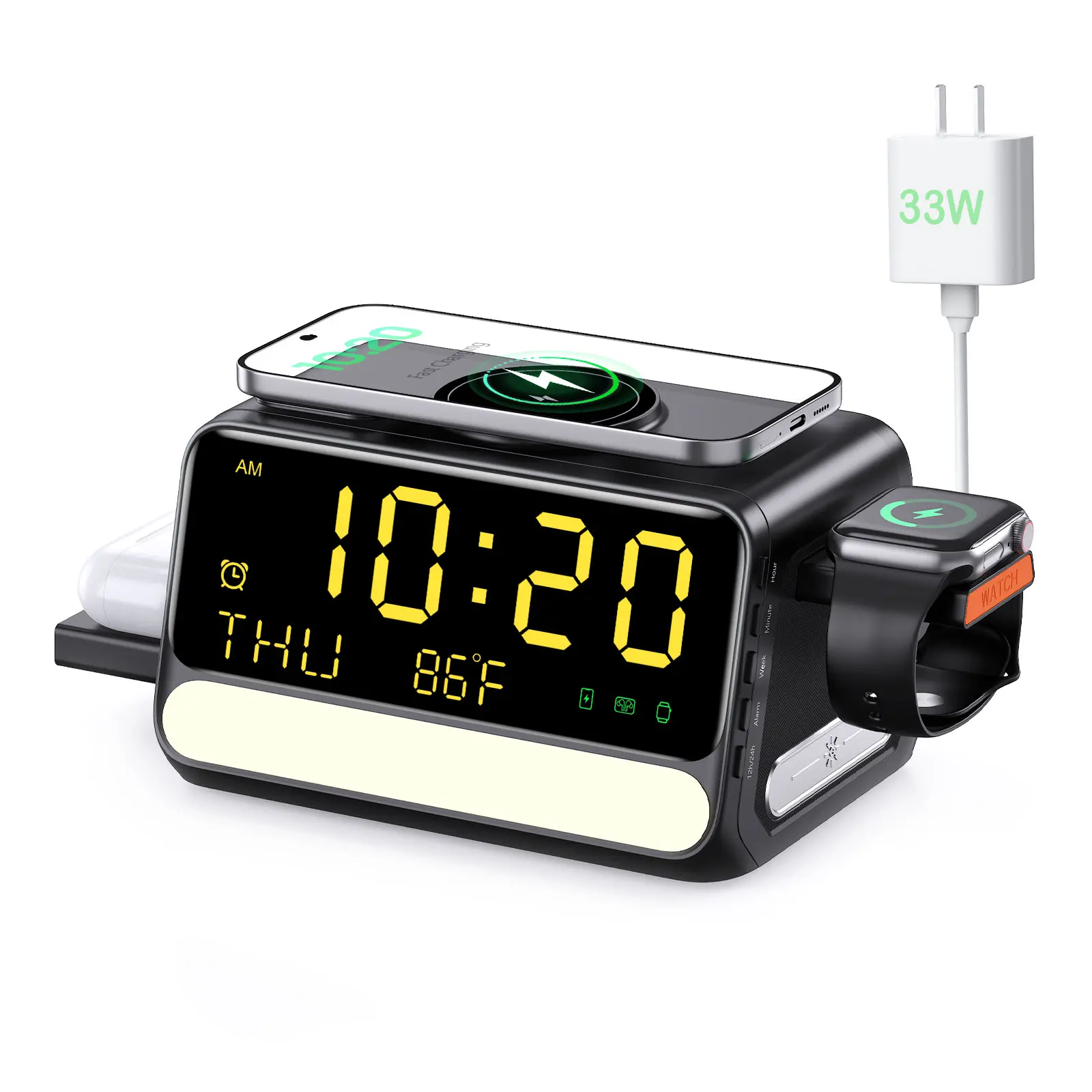 BLKE Voice-Controlled , 7-in-1 Wireless Charging Station , Night Light, Sync Phone Time, Alarm Clock & Temperature, For iPhone/Android, Apple/Samsung Watch & AirPods, Use Included 33W Adapter.