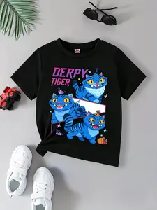 Kpop Demon Hunters Boy Toddler Derpy Tiger Blue Cat T-Shirt, Cartoon Animal Print Short Sleeve, Casual Fitted Long Clothing