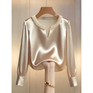 Elegant Women's V-Neck Long Sleeve Pearl Collar Design Fitted Blouse, Business Style, Perfect for Vacation and Date