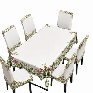 5/7-piece pastoral vine and floral dining table and chair set. White background with fresh floral border pattern. Tablecloth + chair covers. Spring/summer dining room/home decor.