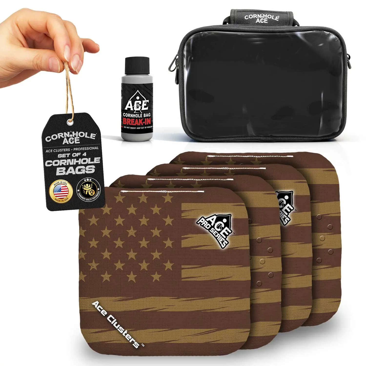 ACE Clusters Brown USA Flag Cornhole Bag Kit | 4 Bags + Break-In Kit + Carry Case