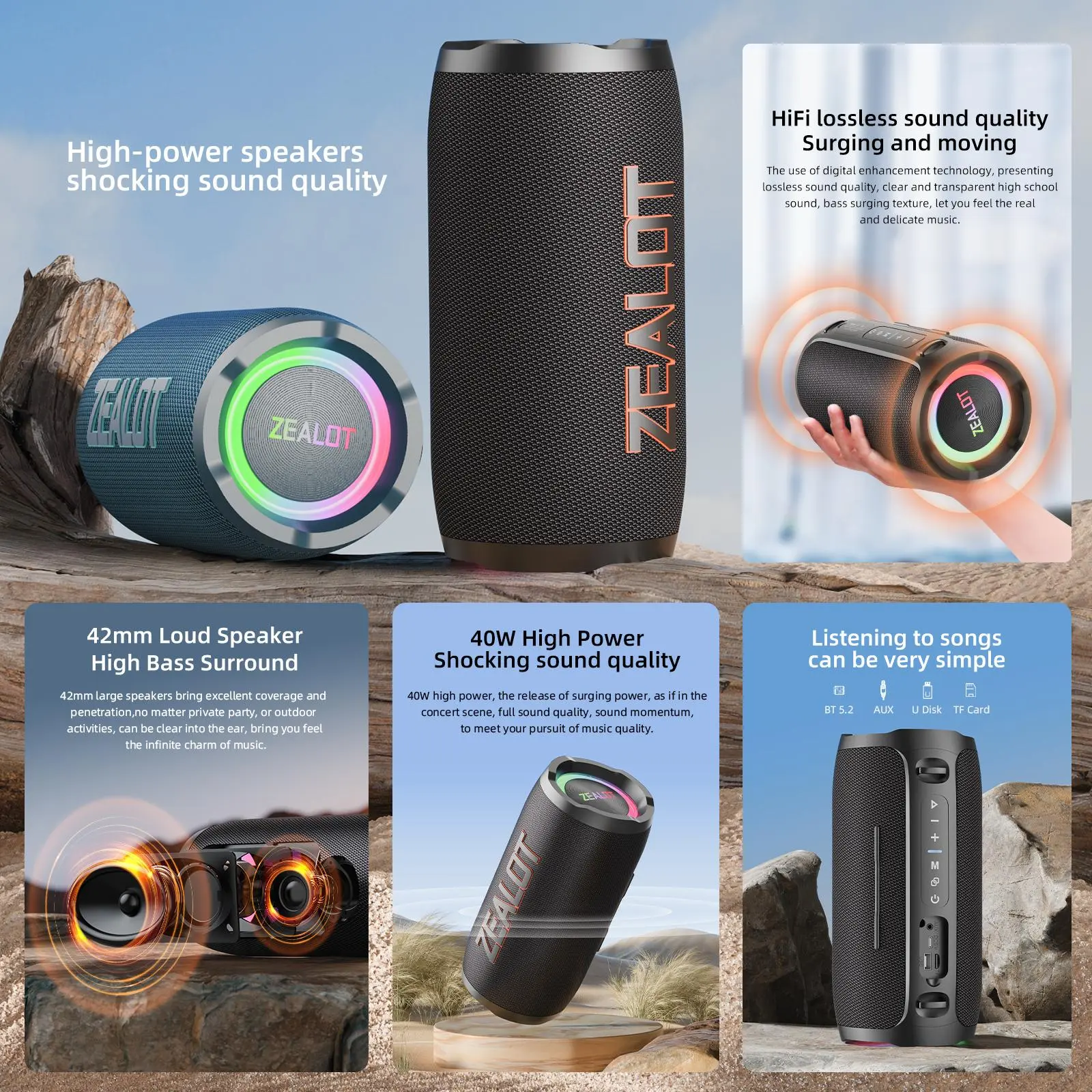 ZEALOT S76 Portable Wireless Speaker, 50W Waterproof USB