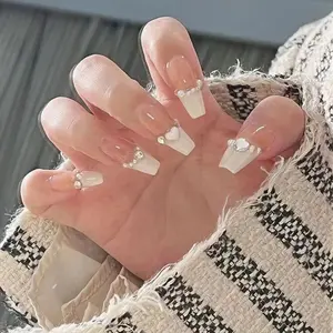 T36 [Handmade nail Art] Cream Shell Milk fufu series small fragrance wear A temperament love diamond