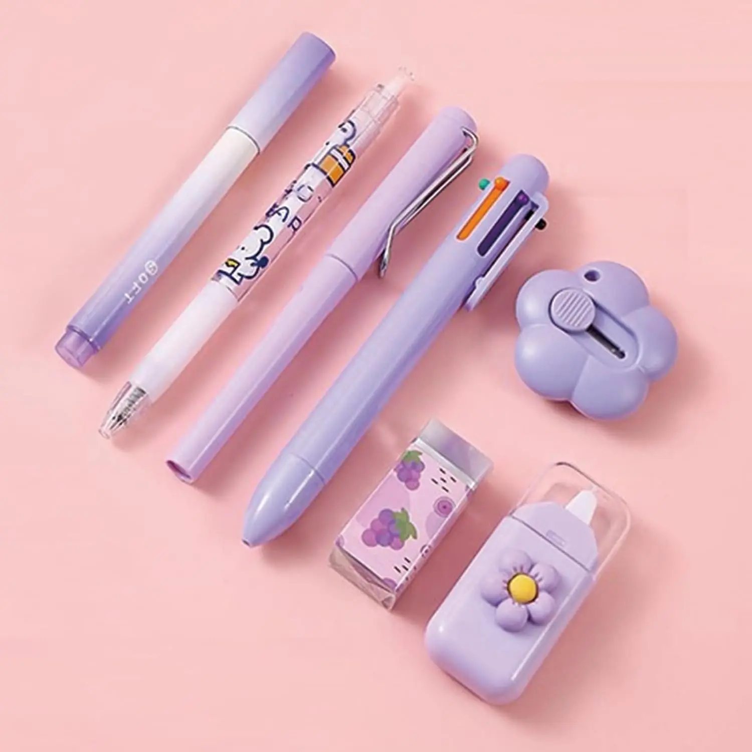 7-Piece Cute Purple Kawaii Stationery Set, Office & School Supplies Kit Including Ballpoint Pens, Pencil Sharpener, Highlighter, Correction Tape, Ruler, Utility Knife – Educational Learning Tool & Gift for Students